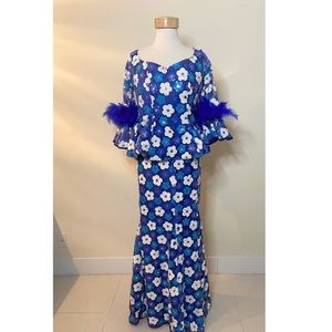 Blue Sequined Flower Gown with Feather Accents